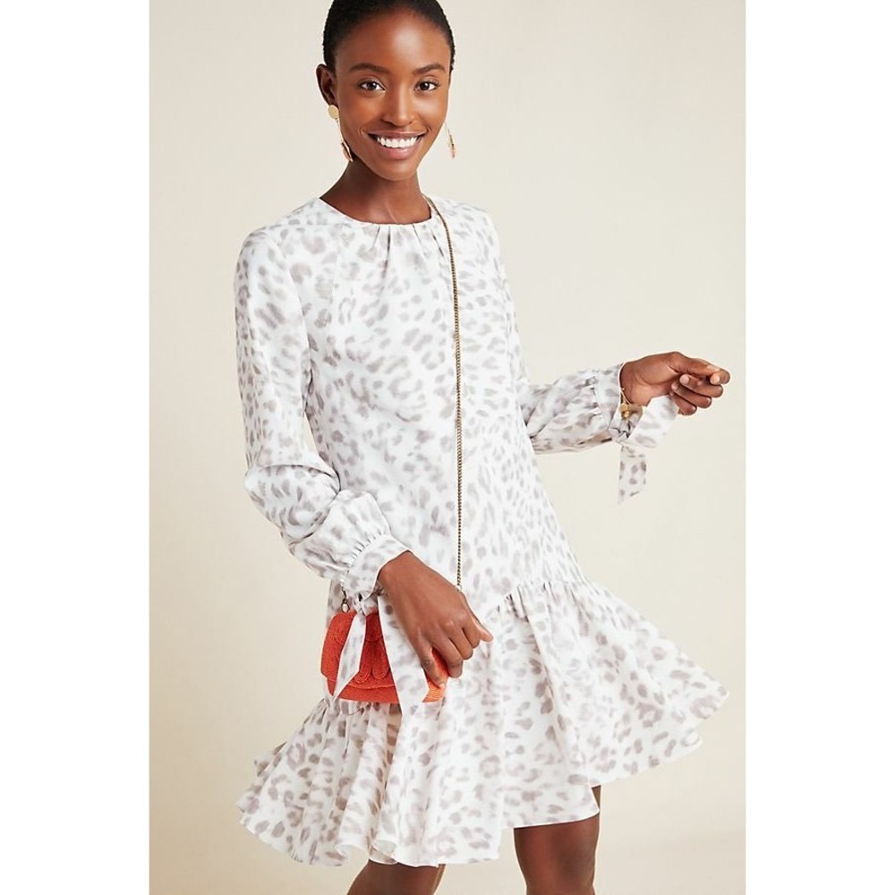 Anthropologie Mare Mare Felix Leopard Print Ruffle Hem Dress White Grey SP Small